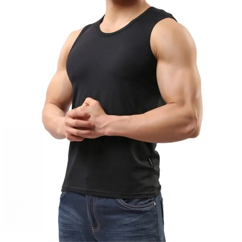 DomiGe cotton lycra tank top black front view — scoop neck fitted silhouette model	