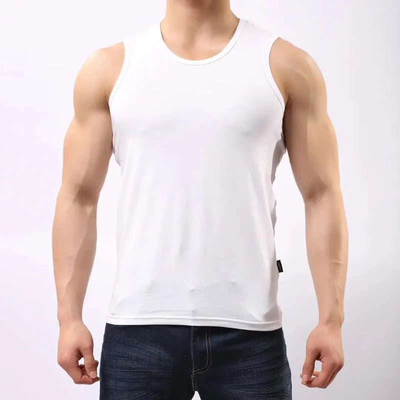 DomiGe cotton lycra tank top white front view — scoop neck fitted silhouette model	