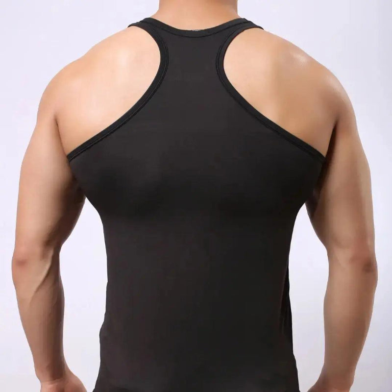 DomiGe polyester spandex tank top black rear view — moisture-wicking clean finish model	