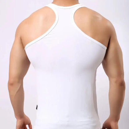 DomiGe polyester spandex tank top white rear view — moisture-wicking clean finish model	