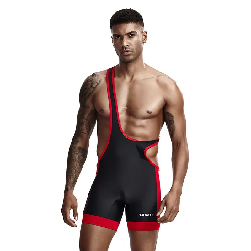 Tauwell Tauwell Men's Athletic Bodysuit - Black/Red Performance Singlet 9701