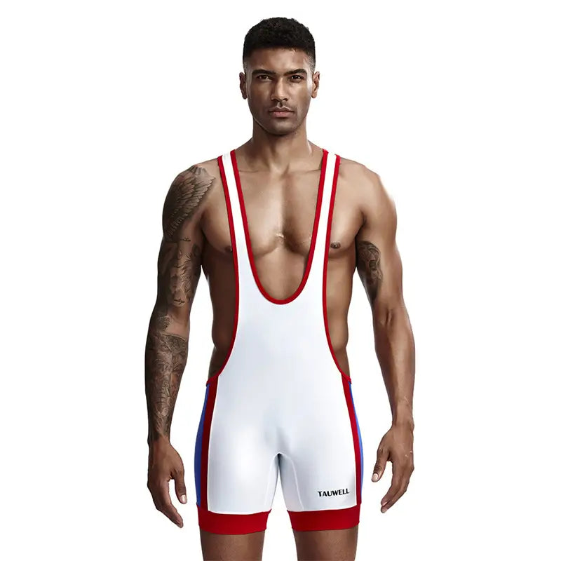 Tauwell Tauwell Men's Athletic Bodysuit - Black/Red Performance Singlet 9701
