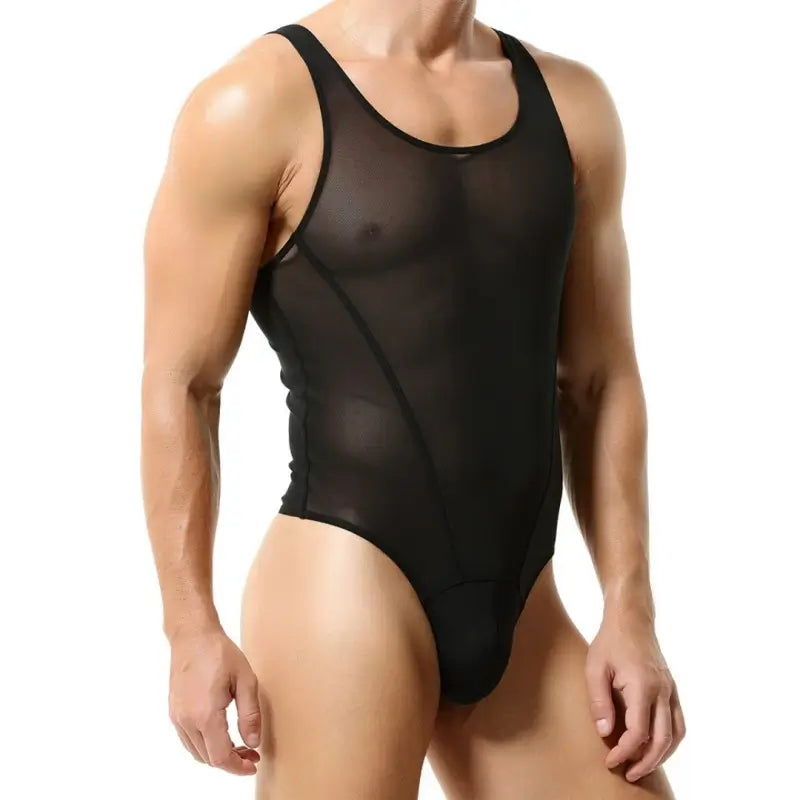 Tauwell Tauwell Men's Black Mesh Bodysuit Stretch, Breathable, Supportive 23701