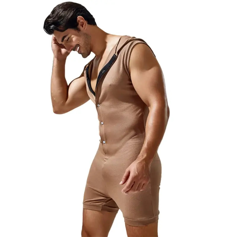 Tauwell Tauwell Men's Sleeveless Hooded Bodysuit Adjustable V-Neck 23702