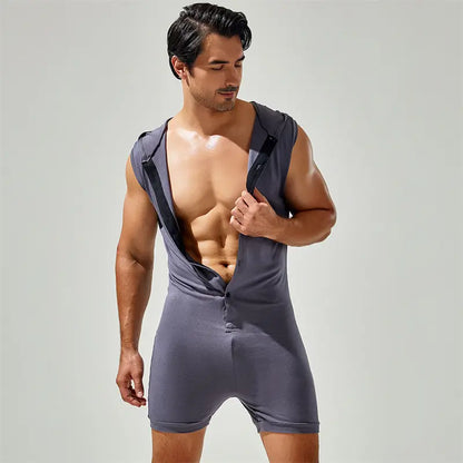 Tauwell Tauwell Men's Sleeveless Hooded Bodysuit Adjustable V-Neck 23702