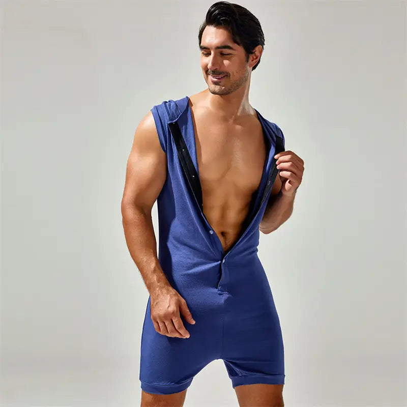 Tauwell Tauwell Men's Sleeveless Hooded Bodysuit Adjustable V-Neck 23702