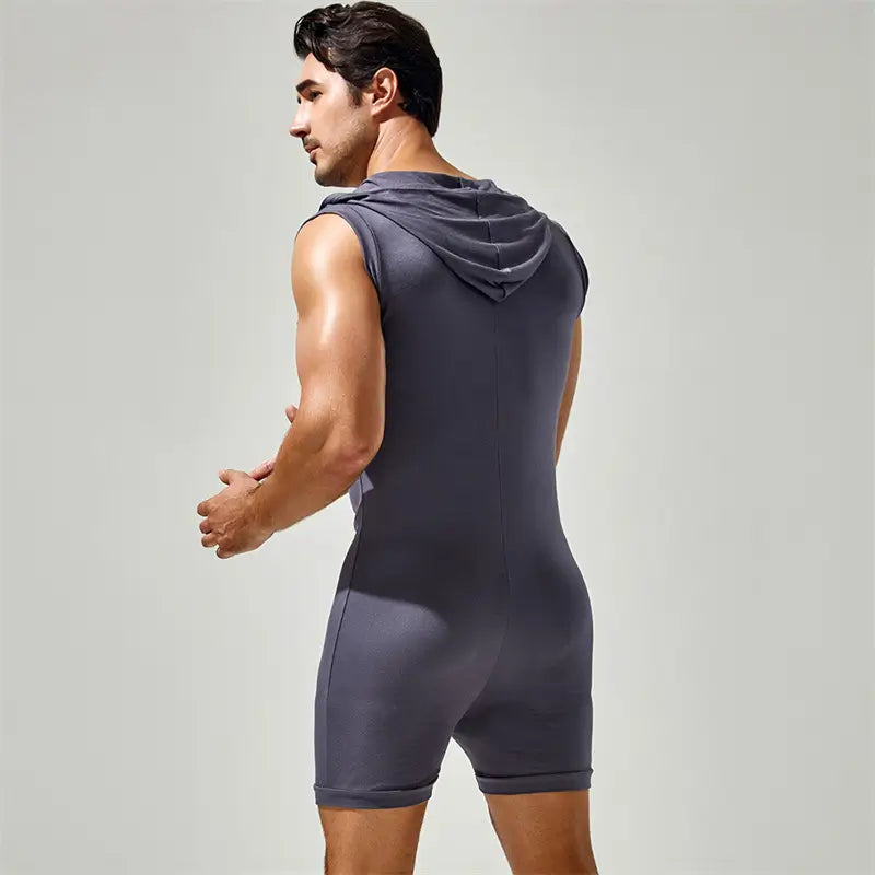 Tauwell Tauwell Men's Sleeveless Hooded Bodysuit Adjustable V-Neck 23702