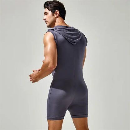 Tauwell Tauwell Men's Sleeveless Hooded Bodysuit Adjustable V-Neck 23702