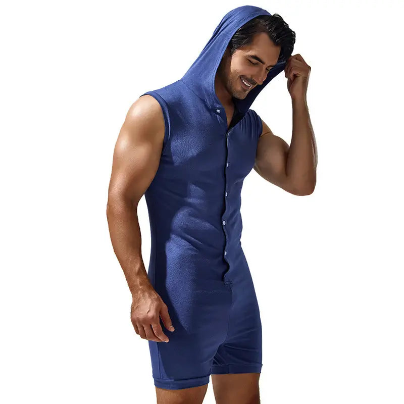 Tauwell Tauwell Men's Sleeveless Hooded Bodysuit Adjustable V-Neck 23702