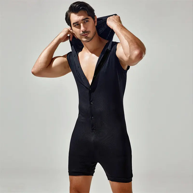 Tauwell Tauwell Men's Sleeveless Hooded Bodysuit Adjustable V-Neck 23702