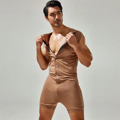 Tauwell Tauwell Men's Sleeveless Hooded Bodysuit Adjustable V-Neck 23702