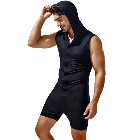 Tauwell Tauwell Men's Sleeveless Hooded Bodysuit Adjustable V-Neck 23702