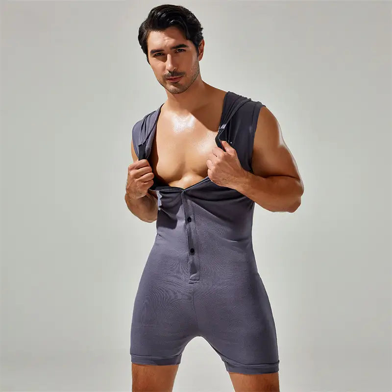 Tauwell Tauwell Men's Sleeveless Hooded Bodysuit Adjustable V-Neck 23702