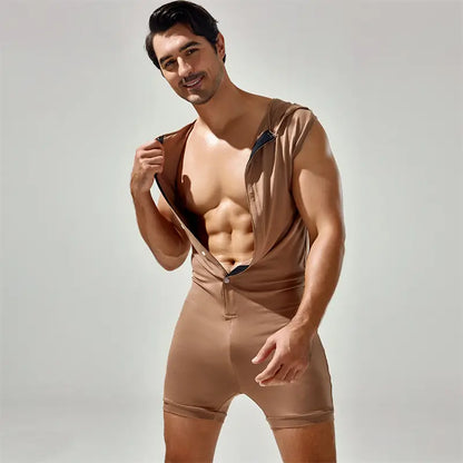 Tauwell Tauwell Men's Sleeveless Hooded Bodysuit Adjustable V-Neck 23702
