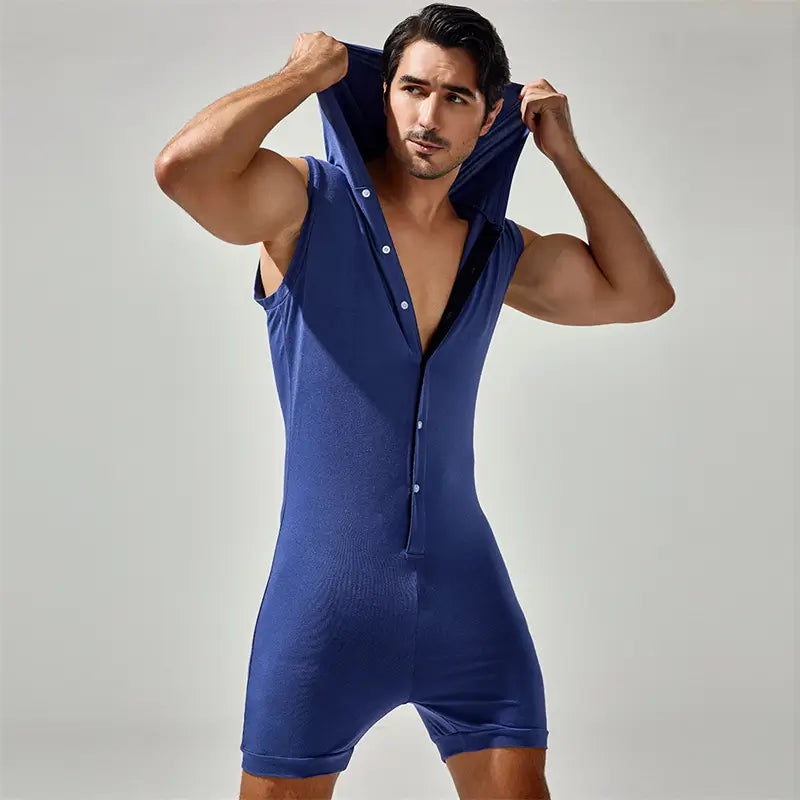 Tauwell Tauwell Men's Sleeveless Hooded Bodysuit Adjustable V-Neck 23702