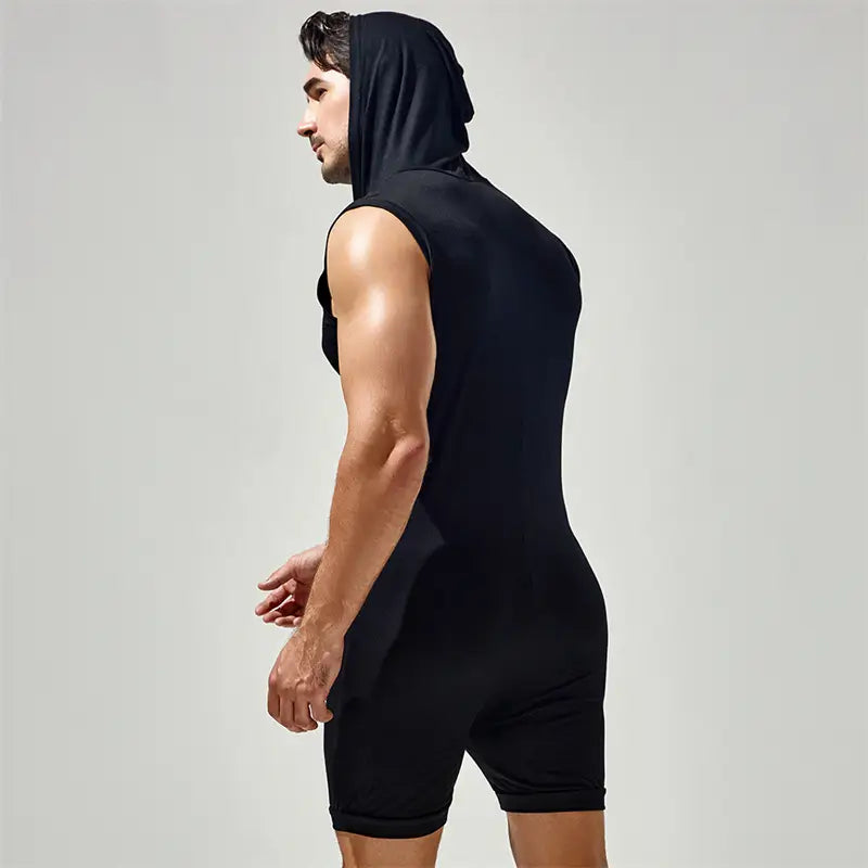 Tauwell Tauwell Men's Sleeveless Hooded Bodysuit Adjustable V-Neck 23702