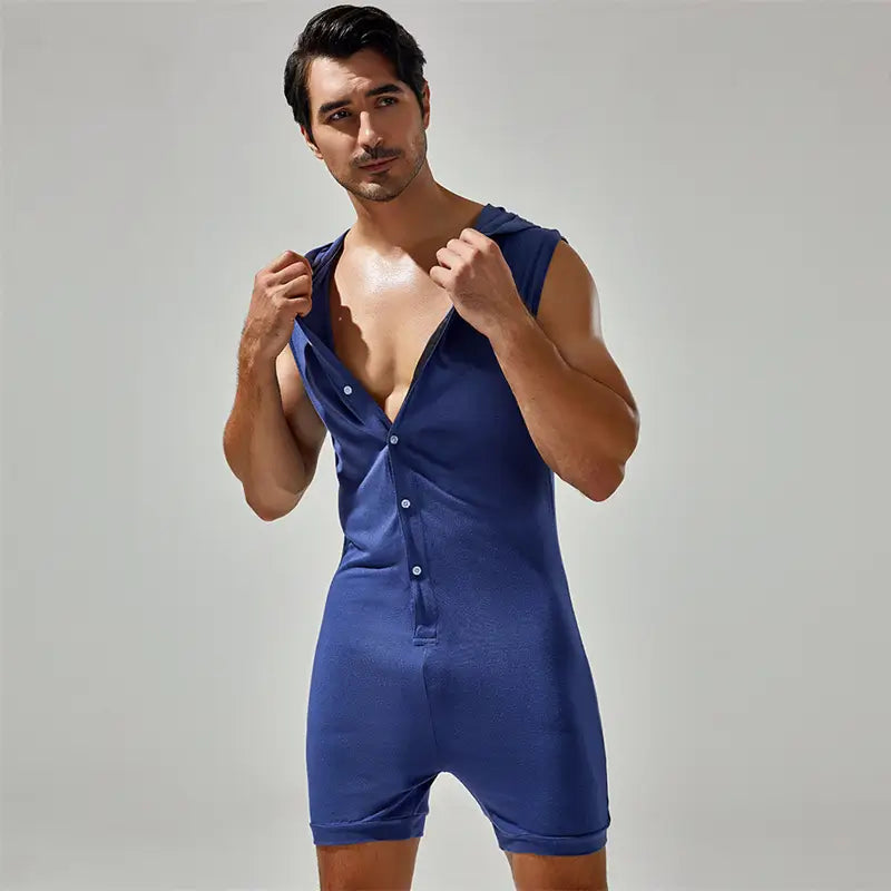 Tauwell Tauwell Men's Sleeveless Hooded Bodysuit Adjustable V-Neck 23702