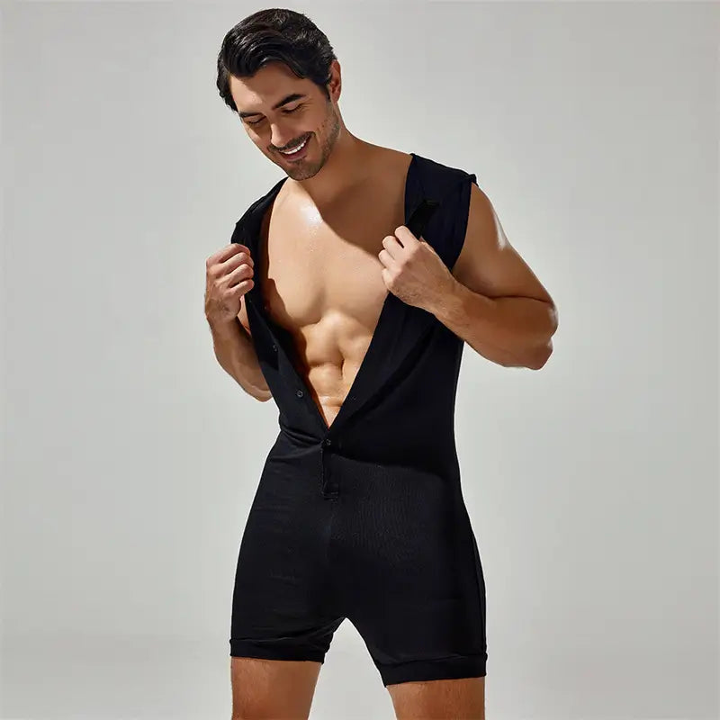 Tauwell Tauwell Men's Sleeveless Hooded Bodysuit Adjustable V-Neck 23702