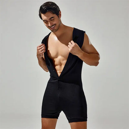 Tauwell Tauwell Men's Sleeveless Hooded Bodysuit Adjustable V-Neck 23702