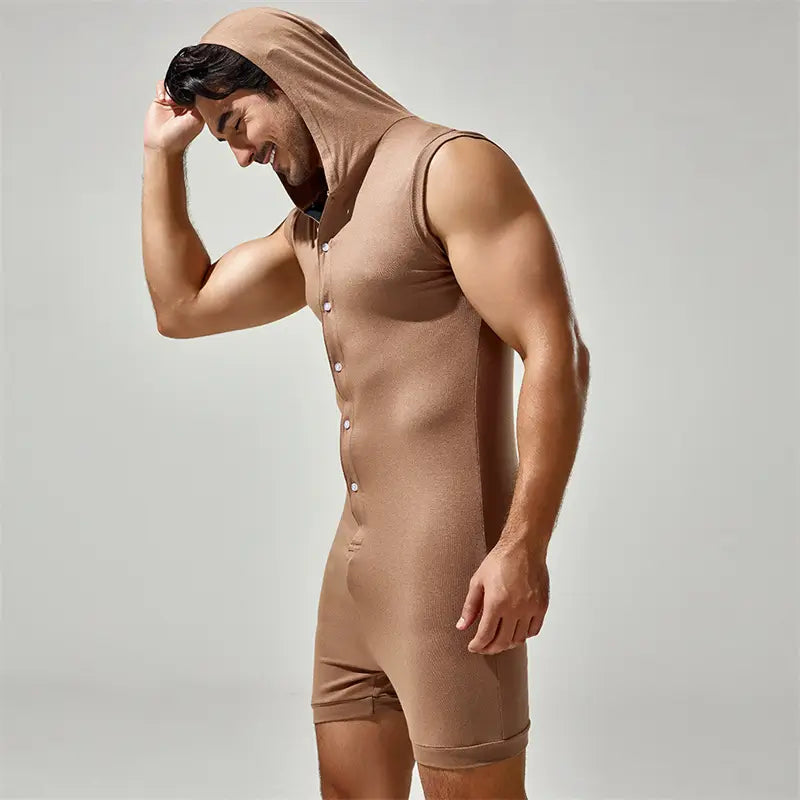 Tauwell Tauwell Men's Sleeveless Hooded Bodysuit Adjustable V-Neck 23702