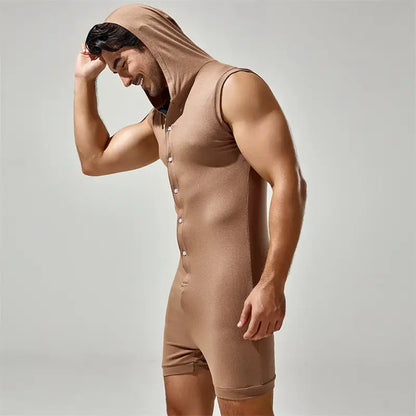 Tauwell Tauwell Men's Sleeveless Hooded Bodysuit Adjustable V-Neck 23702