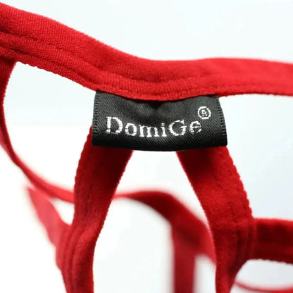 DomiGe peek-a-boo front opening detail — provocative cut-out nylon T-back thong red	