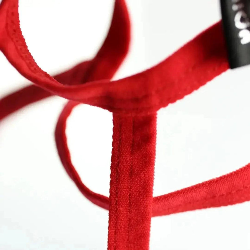 Sheer stretch nylon fabric texture close-up — provocative T-back thong red DomiGe	