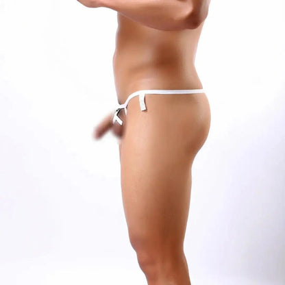 DomiGe peek-a-boo nylon T-back thong white side view — low-rise profile model	