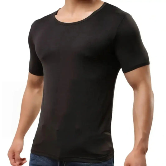 DomiGe high-stretch short sleeve tee black front view — lay-flat collar fitted silhouette model	