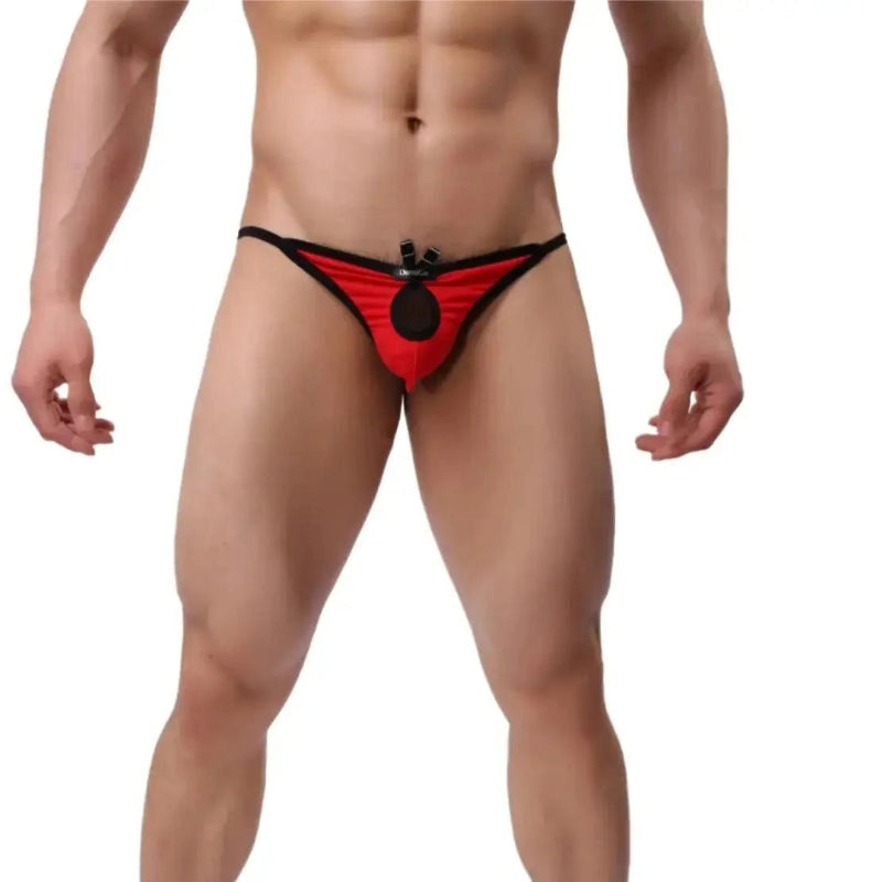 Butterfly accent cotton thong red front view — open-front design model DomiGe	