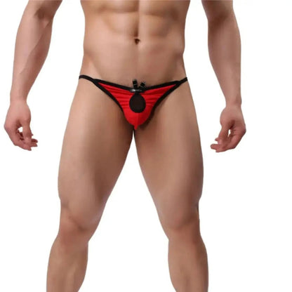 Butterfly accent cotton thong red front view — open-front design model DomiGe	
