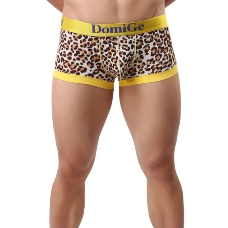DomiGe low-rise trunks yellow front view — bold gold logo waistband ribbed leg openings model	